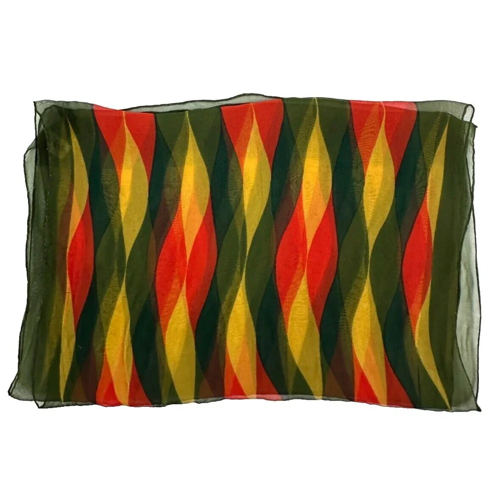 Sally Gee Rectangular Olive Green‎ Retro Geometric Rolled Hem Scarf Japan